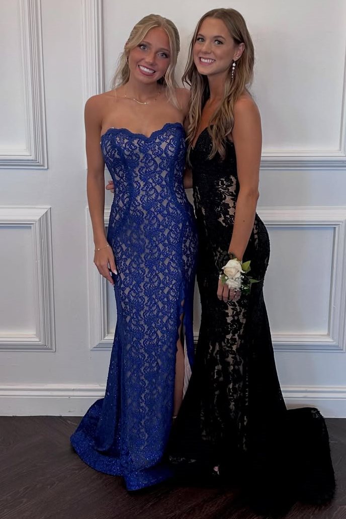 Blue Strapless Mermaid Sweetheart Lace Prom Dress with Slit