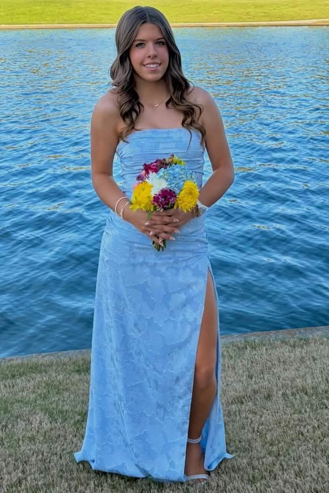 Blue Strapless Print Side Slit Pleats Sleeveless Long Prom Dress