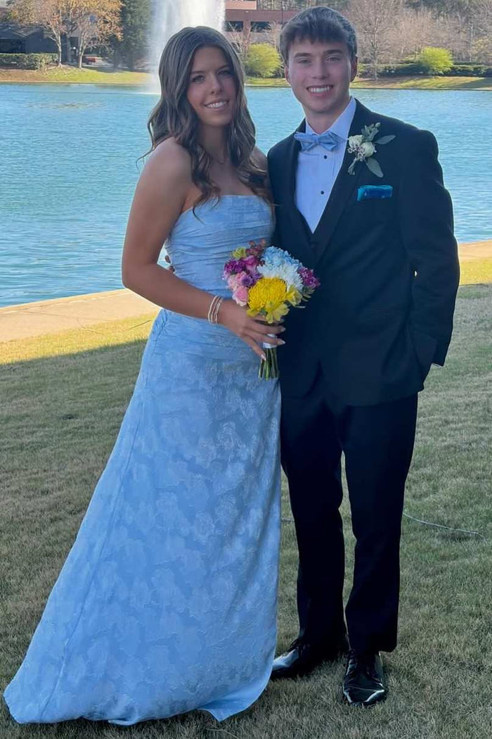 Blue Strapless Print Side Slit Pleats Sleeveless Long Prom Dress