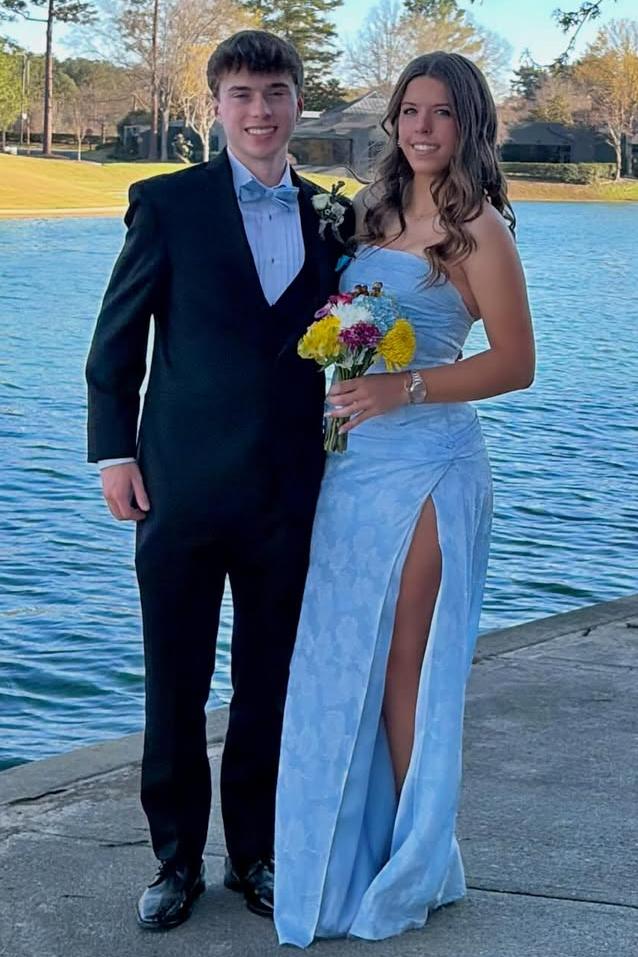 Blue Strapless Print Side Slit Pleats Sleeveless Long Prom Dress