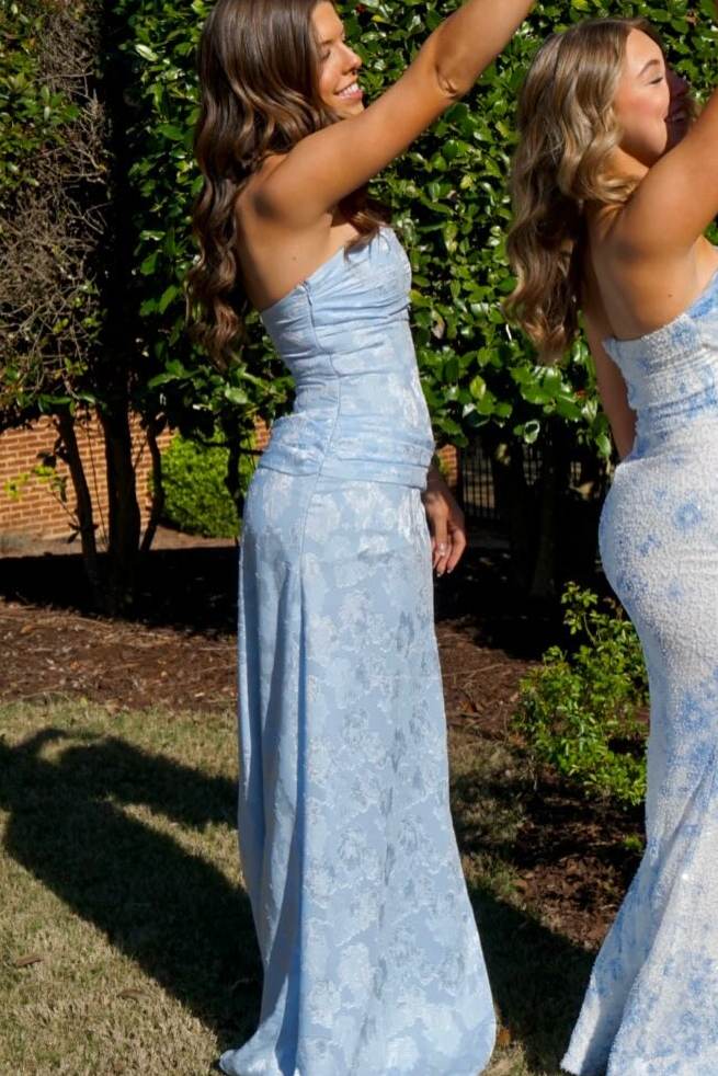 Blue Strapless Print Side Slit Pleats Sleeveless Long Prom Dress