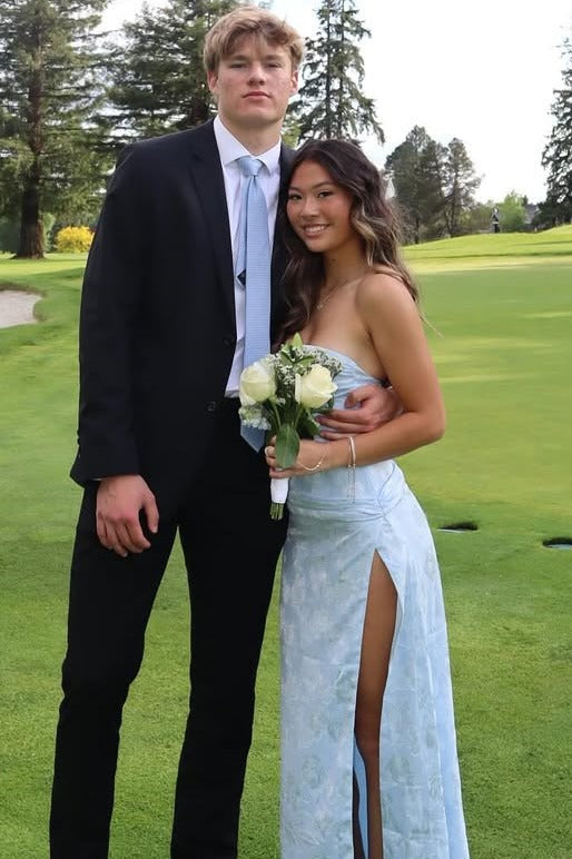 Blue Strapless Print Side Slit Pleats Sleeveless Long Prom Dress