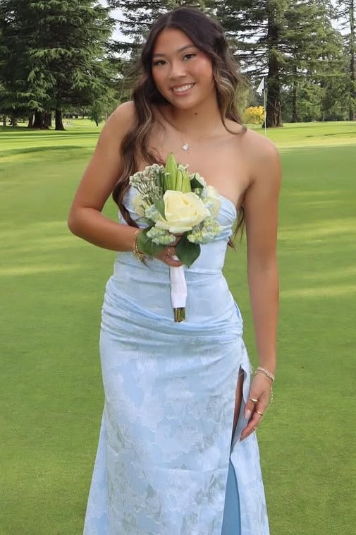 Blue Strapless Print Side Slit Pleats Sleeveless Long Prom Dress