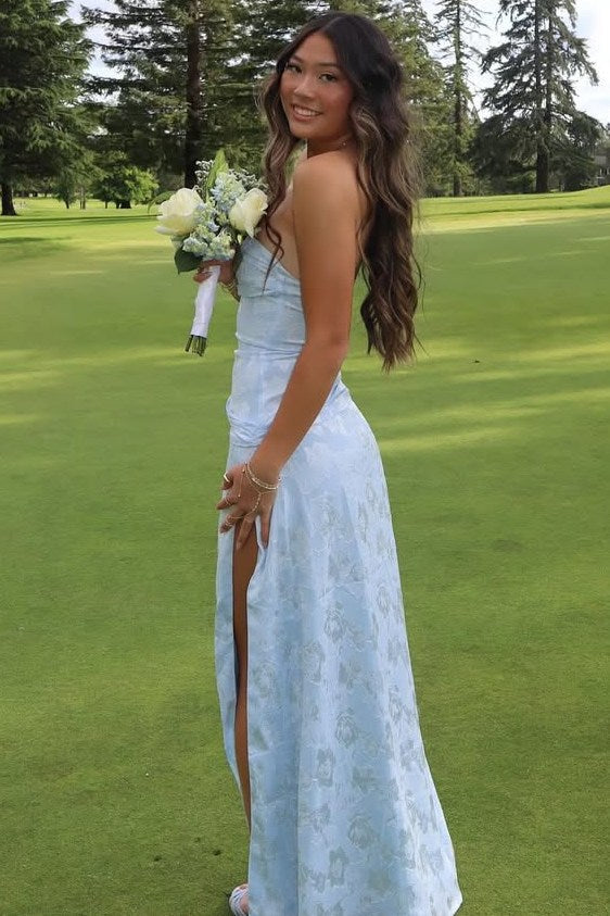 Blue Strapless Print Side Slit Pleats Sleeveless Long Prom Dress