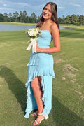 Blue Strapless Sleeveless Ruffles Chiffon Prom Dress with Slit
