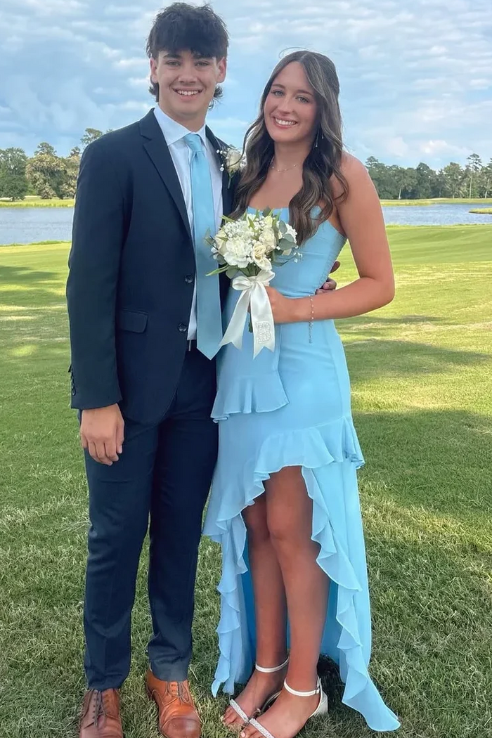Blue Strapless Sleeveless Ruffles Chiffon Prom Dress with Slit
