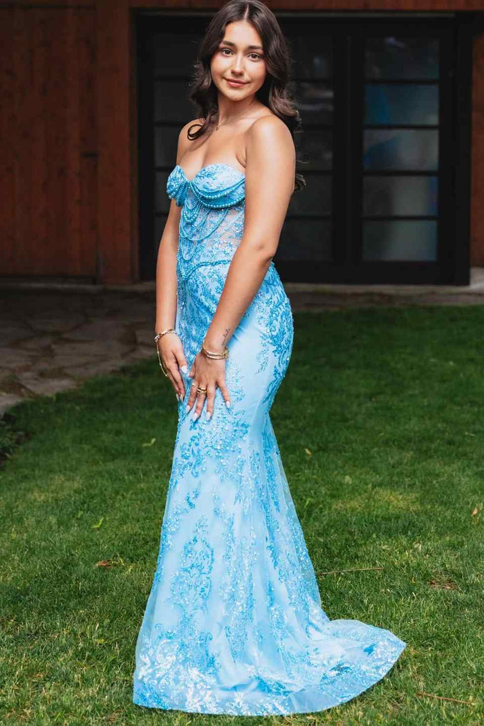 Blue Strapless Sweetheart Appliques Mermaid Long Prom Dress with Beads