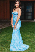 Blue Strapless Sweetheart Appliques Mermaid Long Prom Dress with Beads