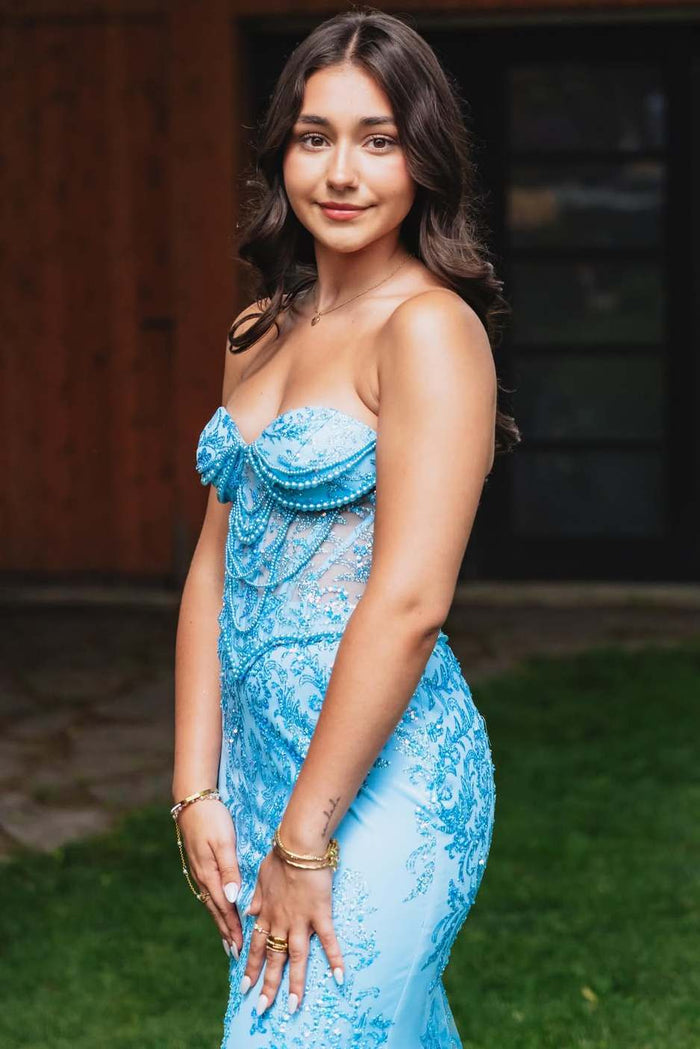 Blue Strapless Sweetheart Appliques Mermaid Long Prom Dress with Beads