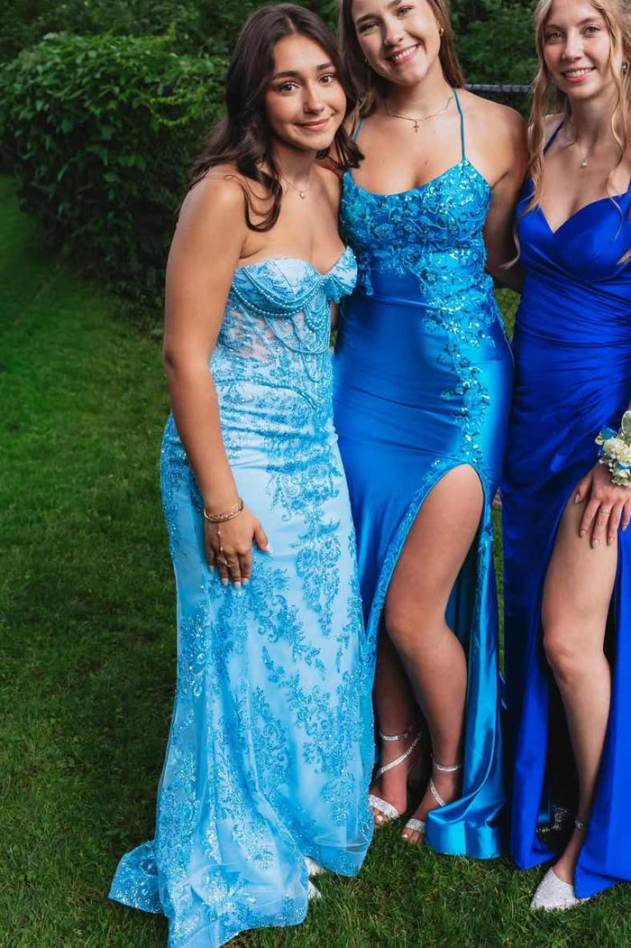 Blue Strapless Sweetheart Appliques Mermaid Long Prom Dress with Beads