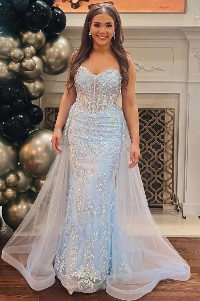 Blue Strapless Sweetheart Lace Appliques Tulle Long Prom Dress