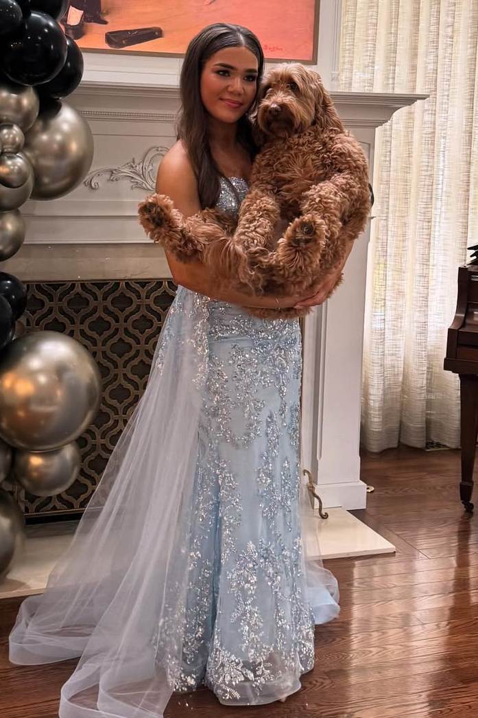 Blue Strapless Sweetheart Lace Appliques Tulle Long Prom Dress