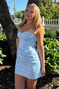 Blue Strapless Sweetheart Pleats Satin Sleeveless Short Homecoming Dress
