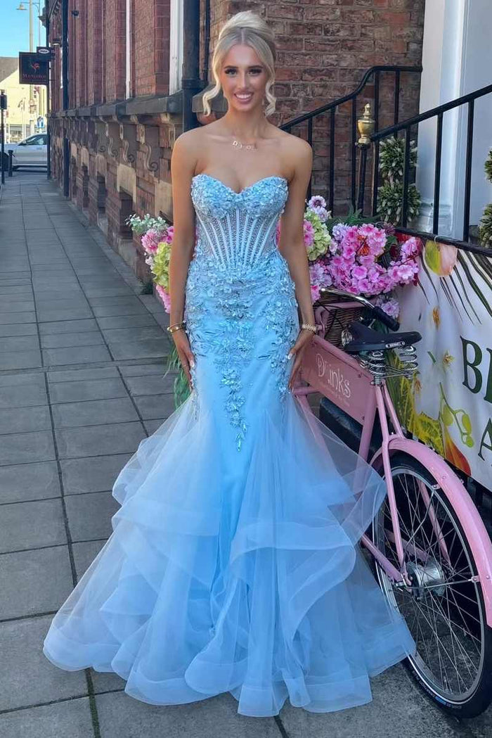 Blue Strapless Sweetheart Ruffles Appliques Long Prom Dress