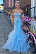 Blue Strapless Sweetheart Ruffles Appliques Long Prom Dress