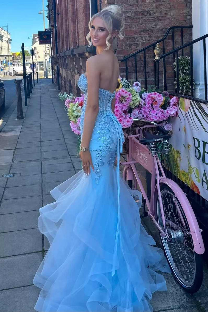 Blue Strapless Sweetheart Ruffles Appliques Long Prom Dress