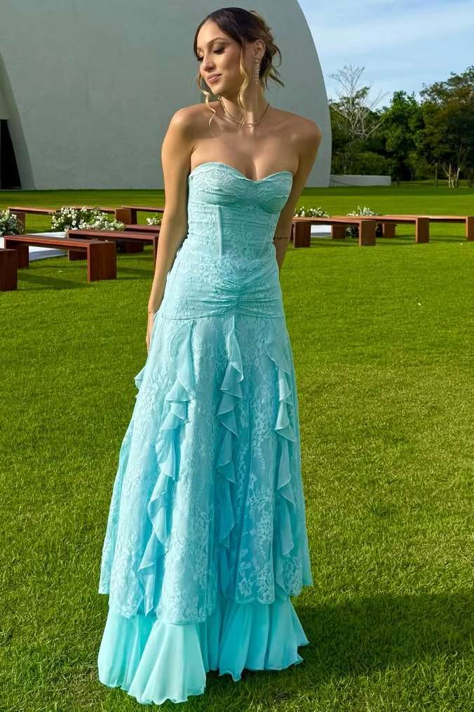 Blue Strapless Sweetheart Ruffles Lace Sleeveless Long Prom Dress
