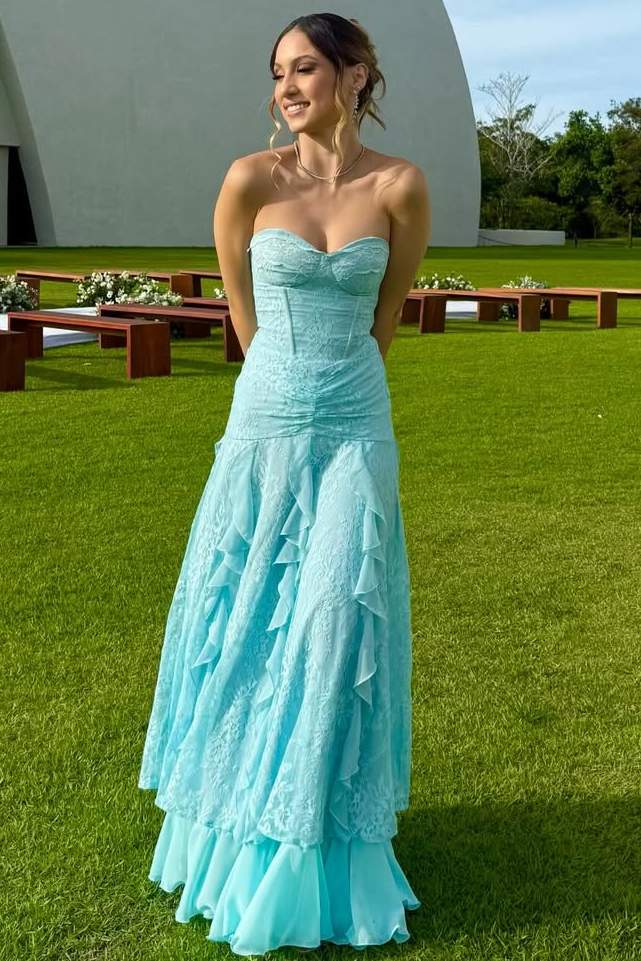 Blue Strapless Sweetheart Ruffles Lace Sleeveless Long Prom Dress