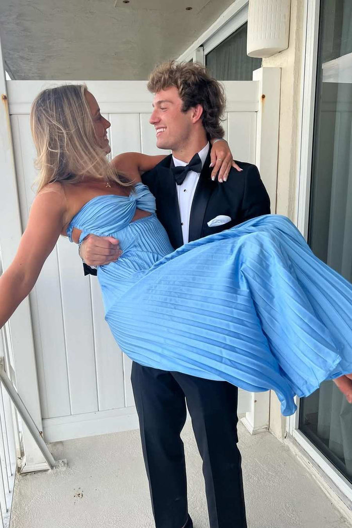 Blue Strapless Twist A-Line Pleated Sleeveless Formal Prom Dress