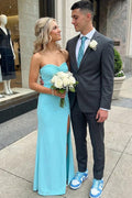 Blue Strapless Twist Satin Pleats Sleeveless Long Formal Prom Dress with Slit