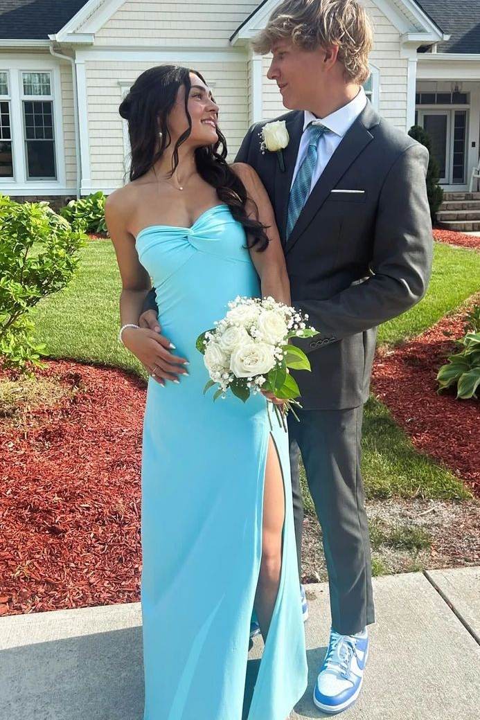 Blue Strapless Twist Satin Pleats Sleeveless Long Formal Prom Dress with Slit
