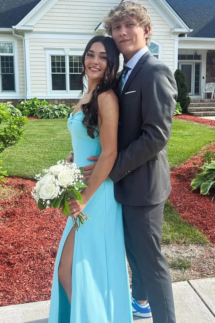 Blue Strapless Twist Satin Pleats Sleeveless Long Formal Prom Dress with Slit