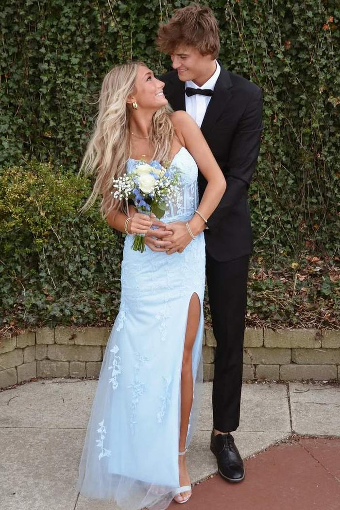 Blue Strapless V-Neck Lace Appliques Mermaid Long Prom Dress with Slit