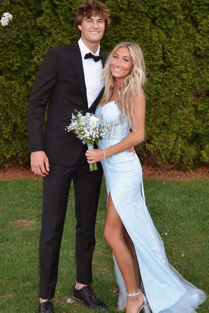 Blue Strapless V-Neck Lace Appliques Mermaid Long Prom Dress with Slit