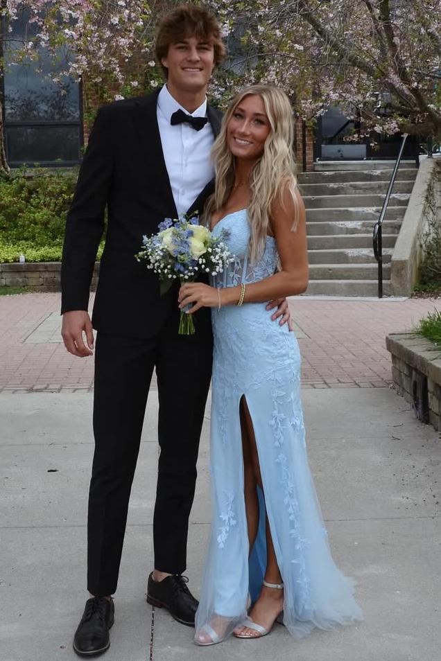 Blue Strapless V-Neck Lace Appliques Mermaid Long Prom Dress with Slit