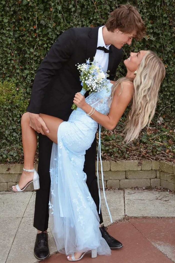 Blue Strapless V-Neck Lace Appliques Mermaid Long Prom Dress with Slit