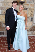 Blue Strapless with Bow A-Line Empire-Waist Sleeveless Long Prom Formal Dress