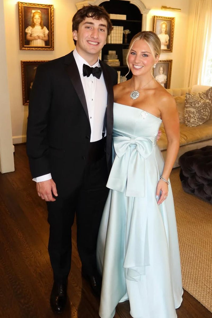 Blue Strapless with Bow A-Line Empire-Waist Sleeveless Long Prom Formal Dress