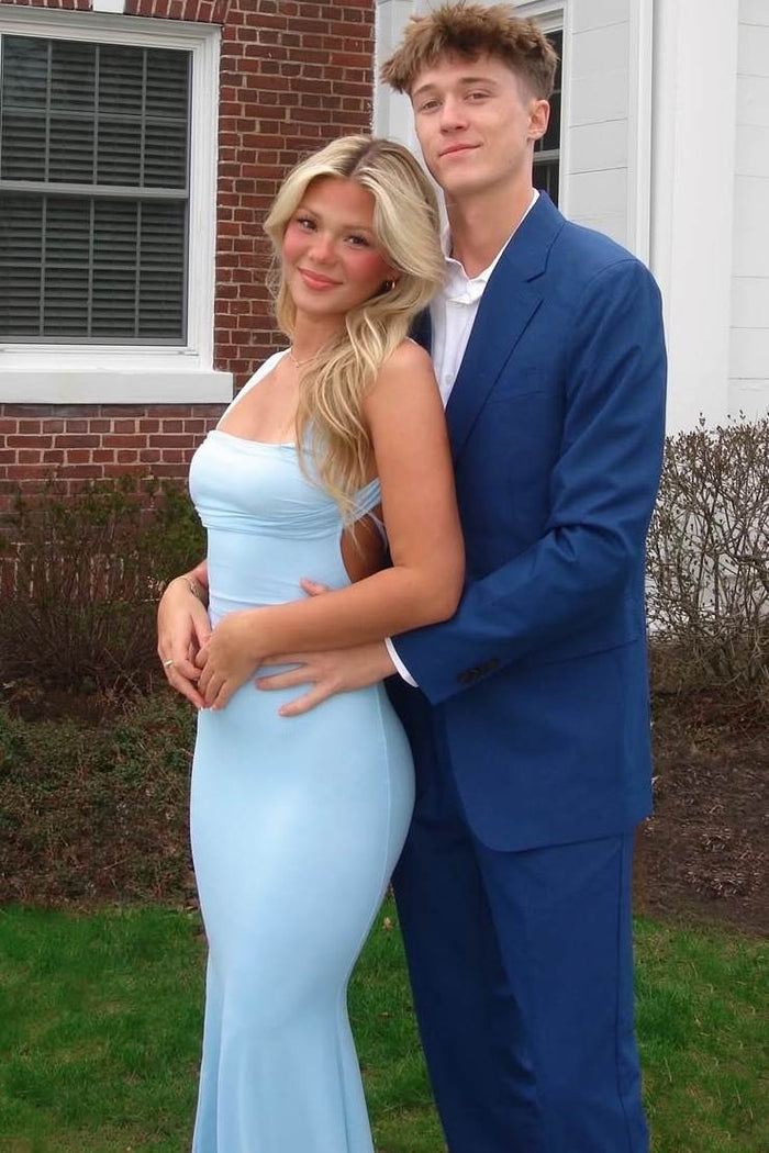 Blue Straps Backless Scoop Neck Satin Pleats Fitted Long Party Prom Dress