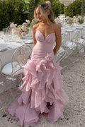 V-Neck Strapless Ruffles Sleeveless A-Line Prom Dress with Slit
