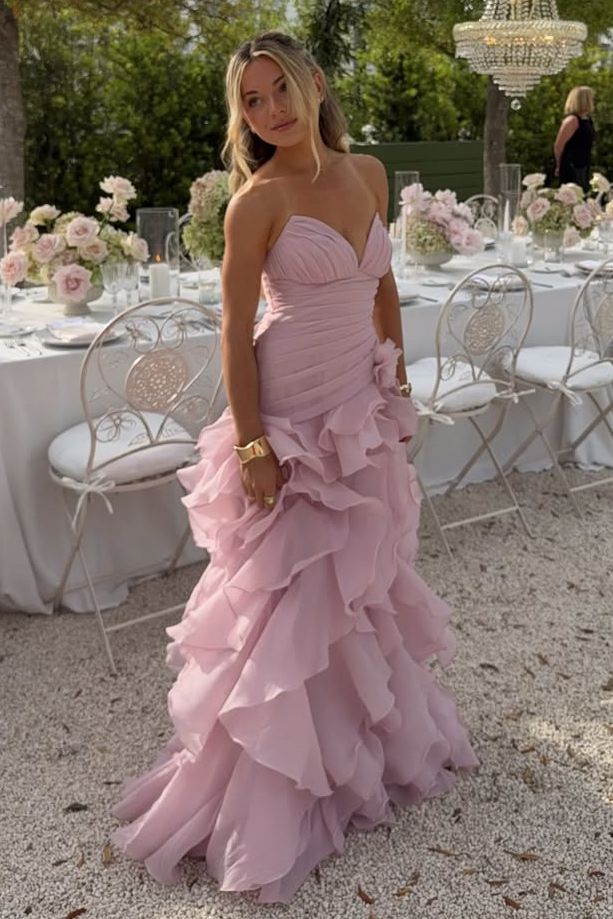 Blue V-Neck Strapless Ruffles Sleeveless A-Line Prom Dress with Slit