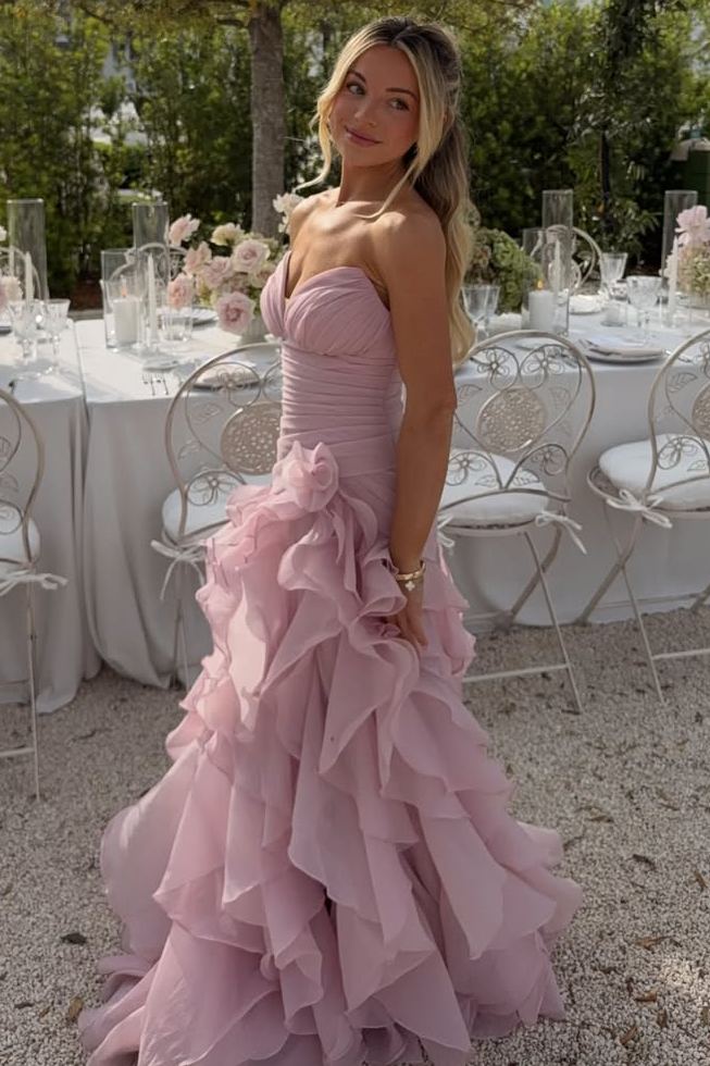 Blue V-Neck Strapless Ruffles Sleeveless A-Line Prom Dress with Slit