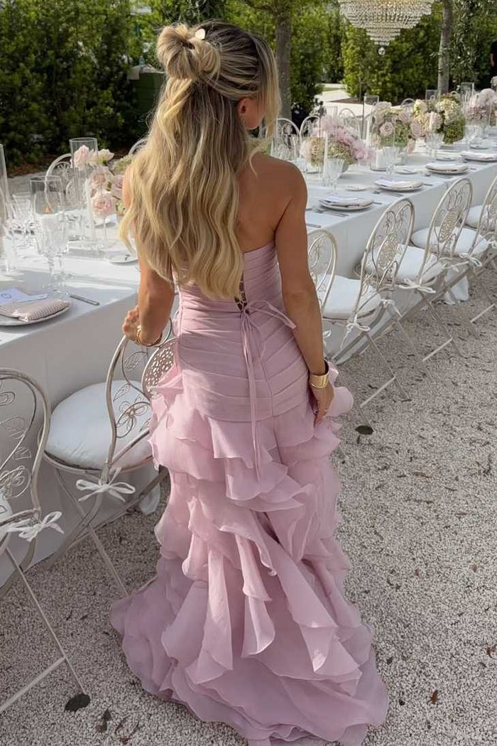 Blue V-Neck Strapless Ruffles Sleeveless A-Line Prom Dress with Slit