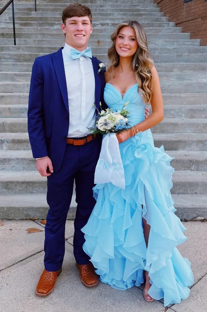 Blue V-Neck Strapless Ruffles Sleeveless A-Line Prom Dress with Slit