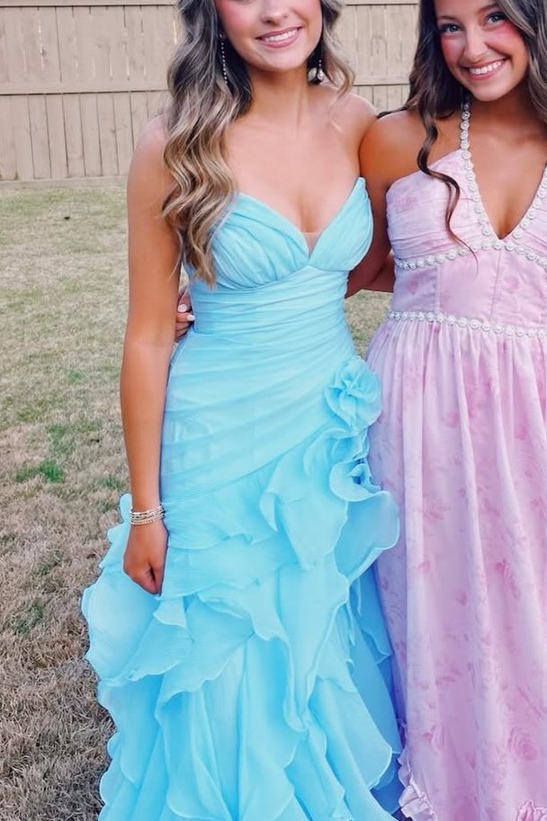 Blue V-Neck Strapless Ruffles Sleeveless A-Line Prom Dress with Slit