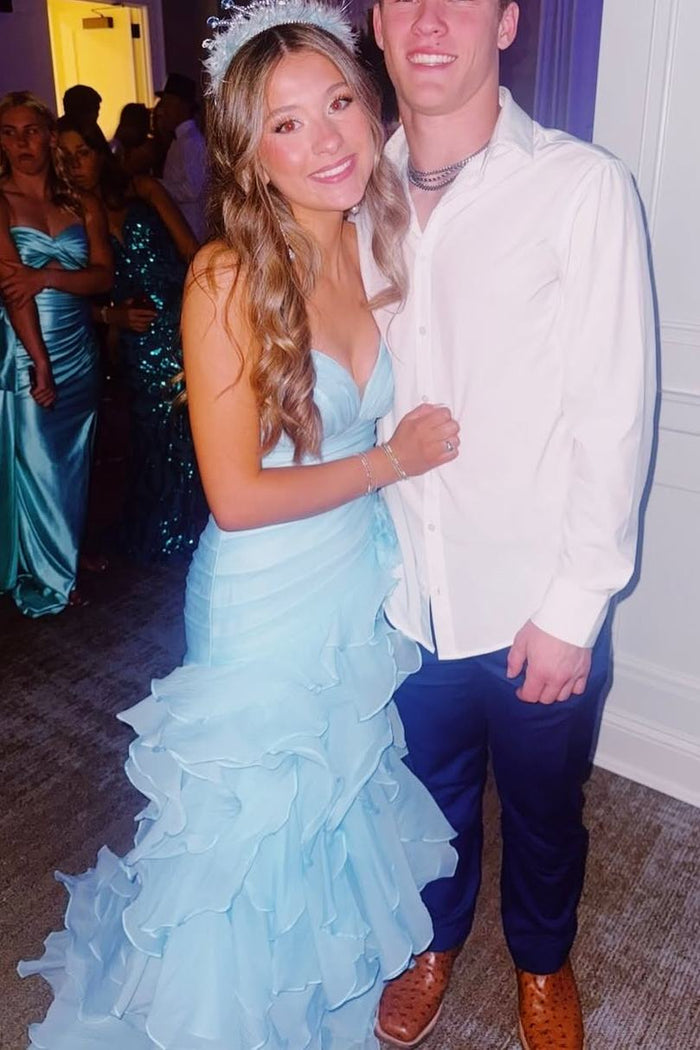 Blue V-Neck Strapless Ruffles Sleeveless A-Line Prom Dress with Slit