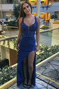 Blue V-Neck Straps Appliques Pleats Long Prom Dress with Slit