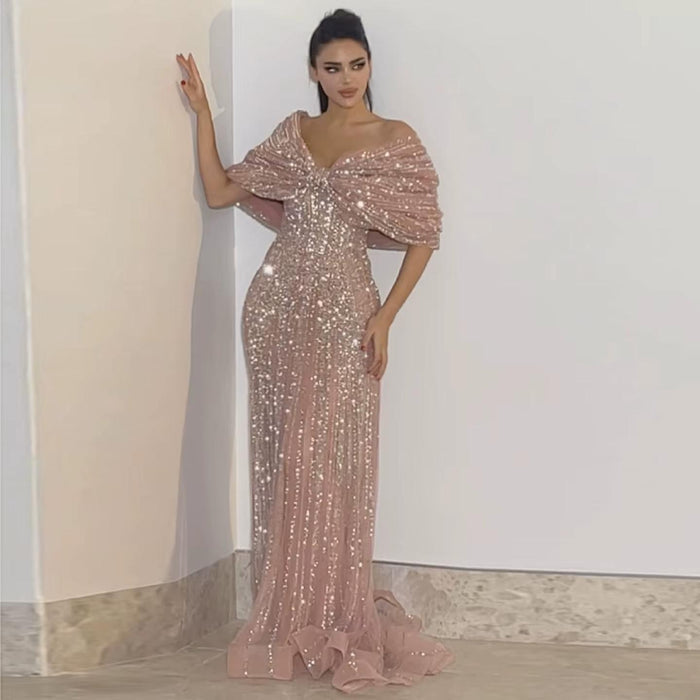Blush Pink Off Shoulder Sparkly Evening Dress SS653