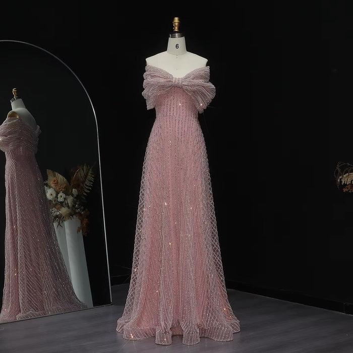 Blush Pink Off Shoulder Sparkly Evening Dress SS653