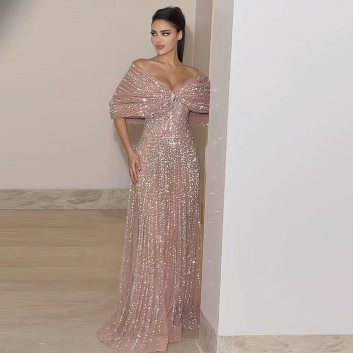 Blush Pink Off Shoulder Sparkly Evening Dress SS653