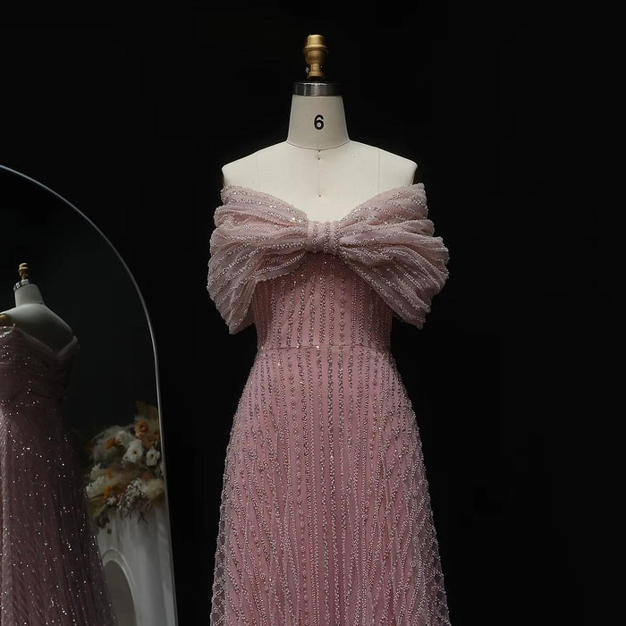 Blush Pink Off Shoulder Sparkly Evening Dress SS653