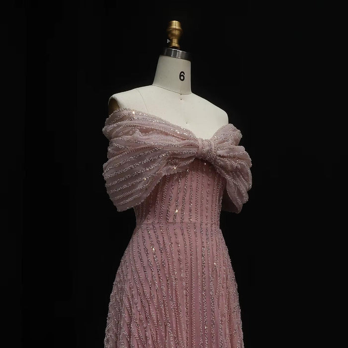 Blush Pink Off Shoulder Sparkly Evening Dress SS653
