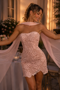 Blush Pink Strapless Lace Homecoming Mini Dress with Chiffon Scarf