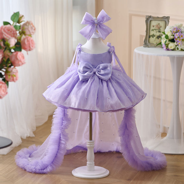 Bowed Lace Up Satin Flower Girl Dress With Trailing J546