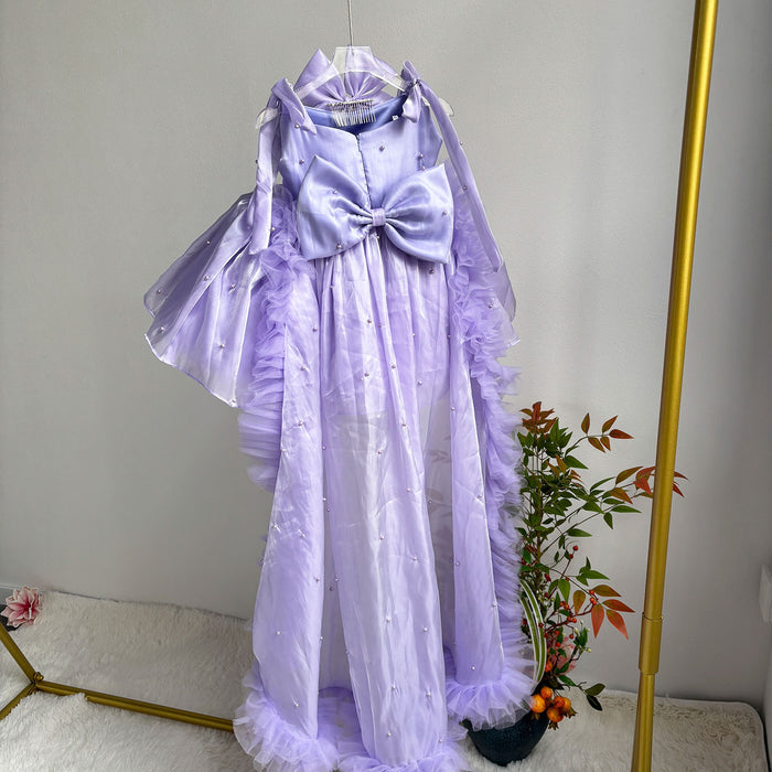 Bowed Lace Up Satin Flower Girl Dress With Trailing J546