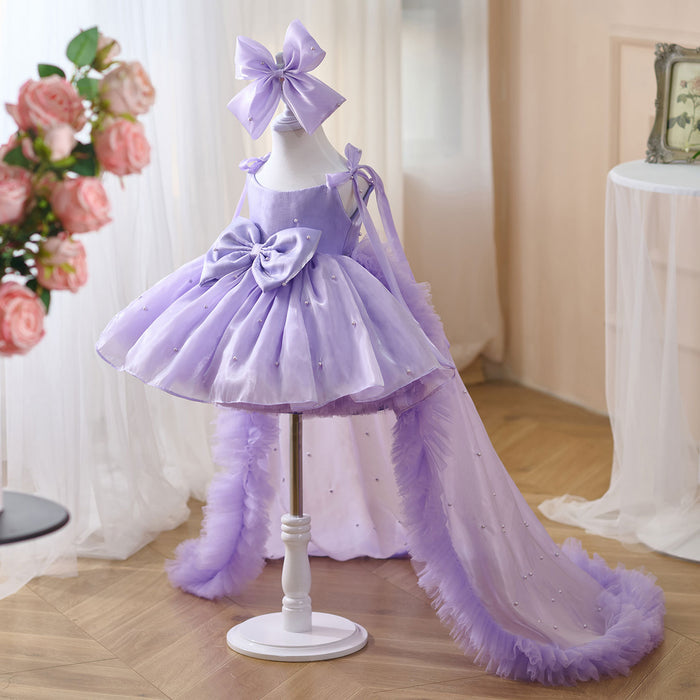 Bowed Lace Up Satin Flower Girl Dress With Trailing J546